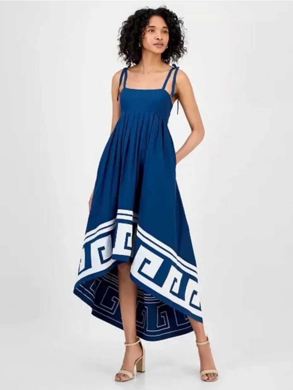 Navy Blue Tie-Shoulder High-Low Dress with White Border